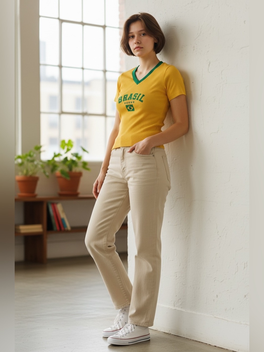 Brasil Yellow V-Neck Tee with Flag Graphic